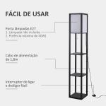 Candeeiro de Pé de Madeira com 3 Prateleiras De Armazenamento para Lâmpada E27 Potência Máx. 40W Candeeiro Moderno para Sala de Estar Dormitório 26x26x160cm Preto