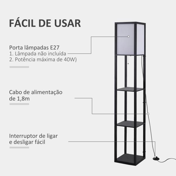 Candeeiro de Pé de Madeira com 3 Prateleiras De Armazenamento para Lâmpada E27 Potência Máx. 40W Candeeiro Moderno para Sala de Estar Dormitório 26x26x160cm Preto