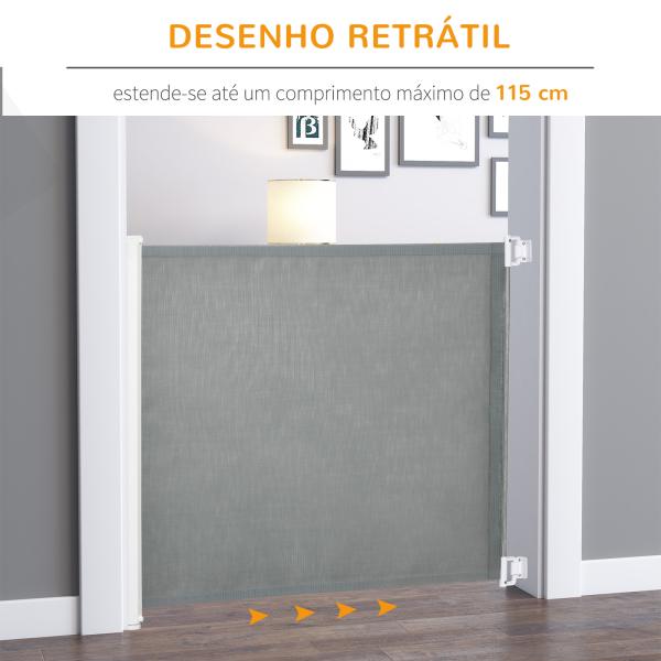 Barreira de Segurança para Cães Extensível Grade Retrátil para Animais de Estimação com Extensão Aço e Tecido de Textilene para Escadas e Portas 5,5 - 115x5,5x82,5cm Cinza