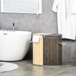 Cesto de Roupa de Bambu Capacidade de 100L com Tampa Rebatível e 2 Compartimentos 62,5x37x60,5cm Cinza e Madeira