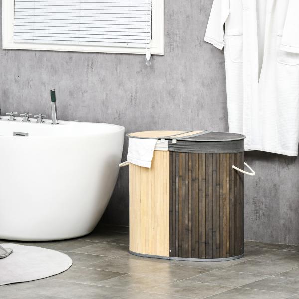 Cesto de Roupa de Bambu Capacidade de 100L com Tampa Rebatível e 2 Compartimentos 62,5x37x60,5cm Cinza e Madeira