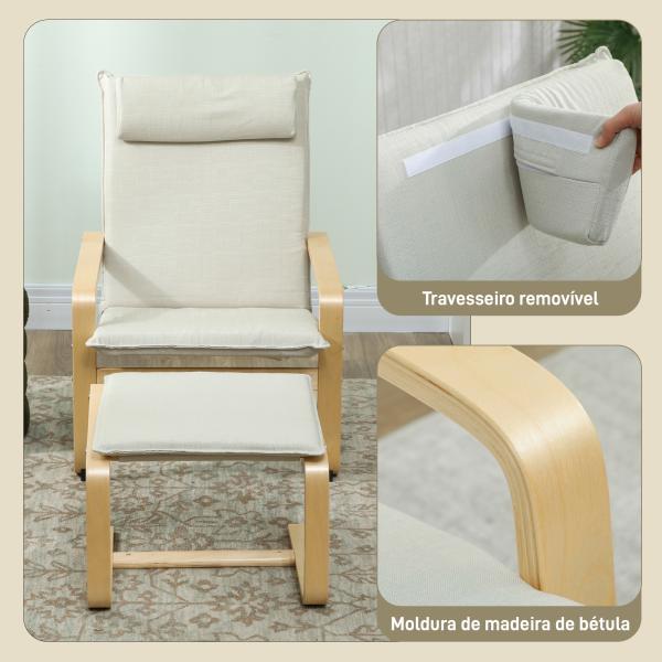 Poltrona com Otomano Poltrona de Leitura com Pernas de Madeira e Estofado em Linho 67x78x92 cm Creme