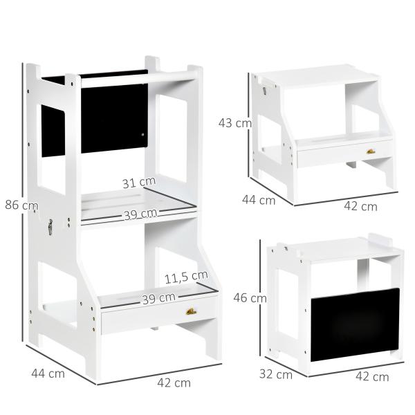 Torre de Aprendizagem para Crianças 3 - 6 Anos de Madeira Torre de Aprendizagem Infantil Convertível em Secretária com Ardósia e Barra de Segurança para Casa de Banho Cozinha 42x44x86cm Branco