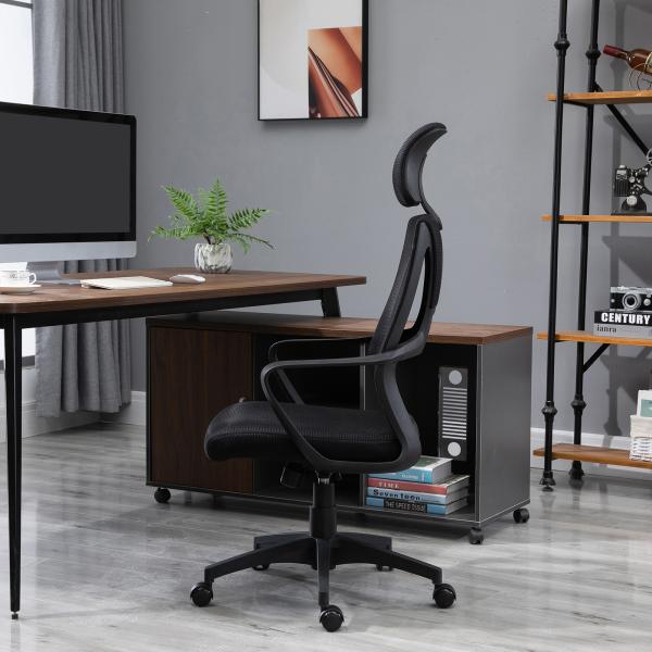 Cadeira de escritório ergonômica Cadeira de mesa inclinável ajustável em altura com encosto de braço Encosto de cabeça 5 rodas Suporta até 120 kg 64x58x116 - 126 cm Preto