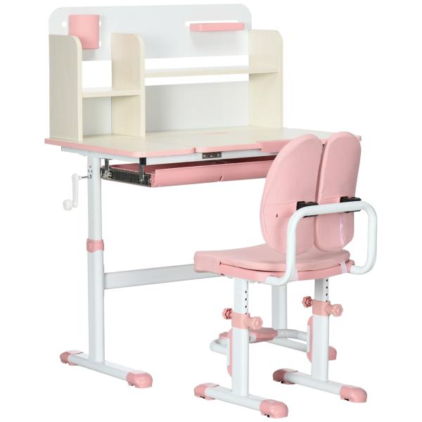 Conjunto de Secretária e Cadeira para Crianças com Altura Ajustável Gaveta Prateleiras e Bancada Inclinável 80x52x88 - 109 cm Rosa e Branco