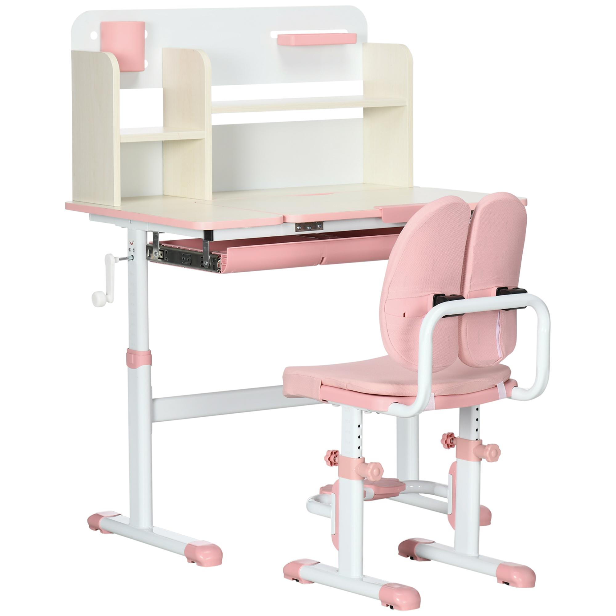 Conjunto de Secretária e Cadeira para Crianças com Altura Ajustável Gaveta Prateleiras e Bancada Inclinável 80x52x88 - 109 cm Rosa e Branco