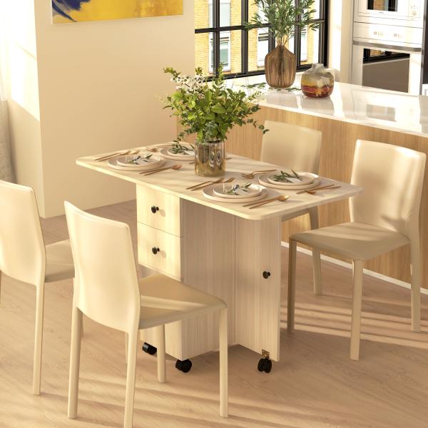 Mesa de Jantar Dobrável com Rodas Mesa Abatível com 2 Gavetas e Armário Mesa Auxiliar Multifuncional 120x60x76,5 cm Madeira