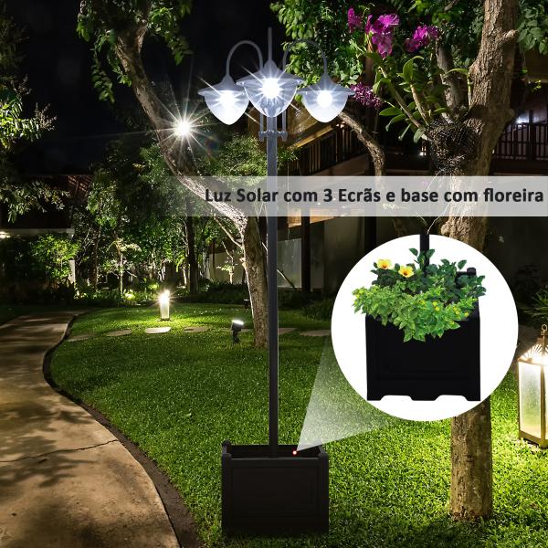 Candeeiro Solar de Jardim com 18 Luzes LED Branco Frio 6000K Impermeável IP44 Sensor de Noite e Base em Forma de Floreira Candeeiro de Exterior para Terraço Pátio 60x55x189cm Preto