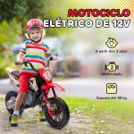 Mota Elétrica para Crianças com Bateria 12V Música Velocidade 2,4 - 5 km/h e Rodas Auxiliares 109,5x60x72,5 cm Vermelho
