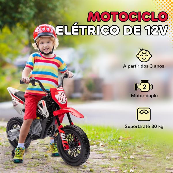 Mota Elétrica para Crianças com Bateria 12V Música Velocidade 2,4 - 5 km/h e Rodas Auxiliares 109,5x60x72,5 cm Vermelho