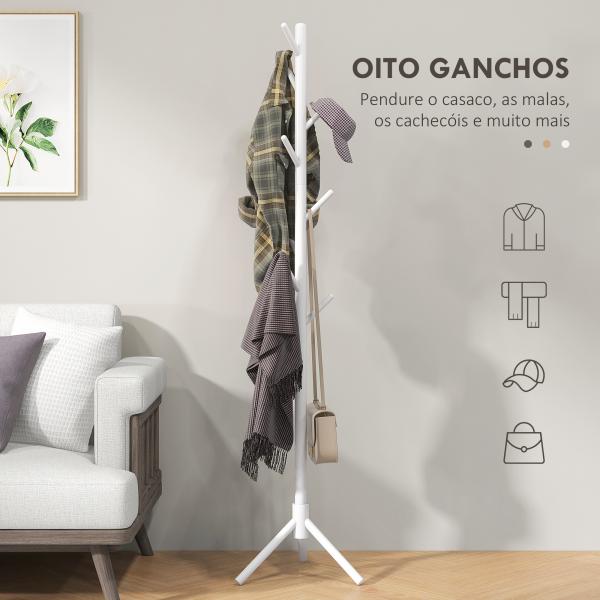 Cabide de Pé de Madeira com 8 Ganchos para Pendurar Roupa e Bolsas para Corredor Entrada 40x40x165 cm Branco
