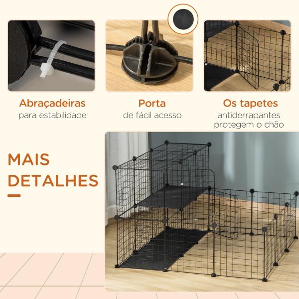 Recinto para Pequenos Animais DIY com 24 Painéis com Grade Metálica Recinto Modular para Coelhos Chinchilas 105x105x70cm
