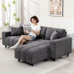 Sofá Chaise Longue Reversível 3 Lugares com 2 Almofadas Estofado em Linho e Estrutura em Aço 242x156x87 cm Cinzento Escuro