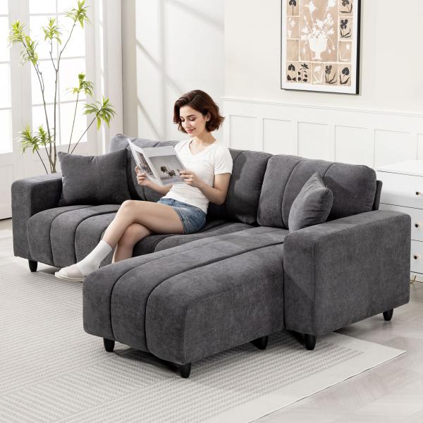 Sofá Chaise Longue Reversível 3 Lugares com 2 Almofadas Estofado em Linho e Estrutura em Aço 242x156x87 cm Cinzento Escuro