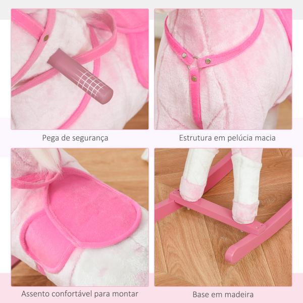 Cavalo Baloiço de Pelúcia para Crianças entre 3 - 6 Anos com Sons de Relincho 74x28x65 cm Rosa