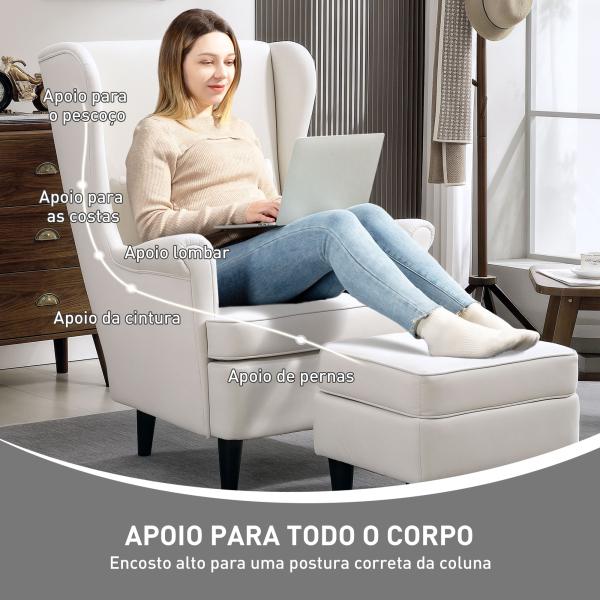 Poltrona com Apoio para Pés Poltrona de Leitura com Encosto Alto Capitonê e Pés de Madeira 75x83x104 cm Bege