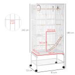 Gaiola para Pássaros com Rodas de 3 Níveis com 3 Poleiros Comedouros Brinquedos Rampas e Prateleira 83x53x180 cm Branco