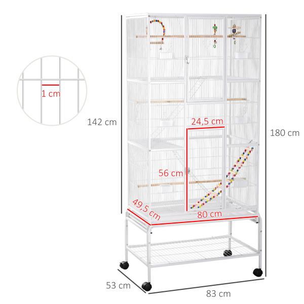 Gaiola para Pássaros com Rodas de 3 Níveis com 3 Poleiros Comedouros Brinquedos Rampas e Prateleira 83x53x180 cm Branco