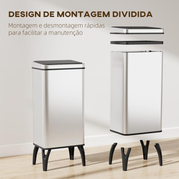 Balde de Lixo Automático 50 L em Aço Inoxidável com Sensor Infravermelhos e Aro de Retenção 35,5x26x83,5 cm Prata