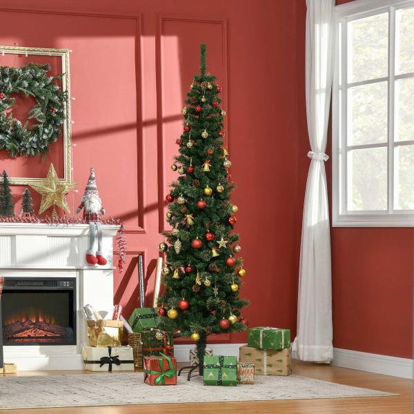 Árvore de Natal Artificial 195 cm Árvore de Natal com 556 Ramos Árvore de Natal Slim com 25 Pinhas Base Dobrável Ø54x195 cm Verde