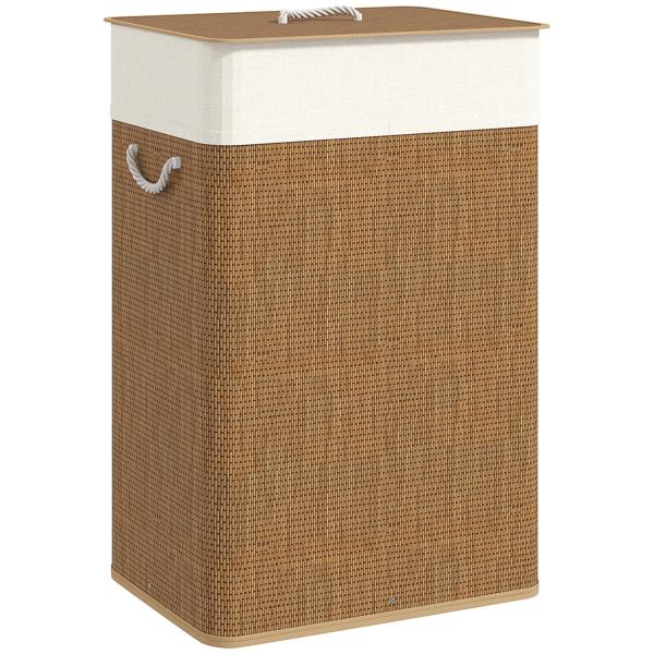 Cesto de Roupa com Tampa 72L Cesto de Roupa de Bambu com Bolsa Interior Removível e Alças 40x30x60 cm Madeira e Creme