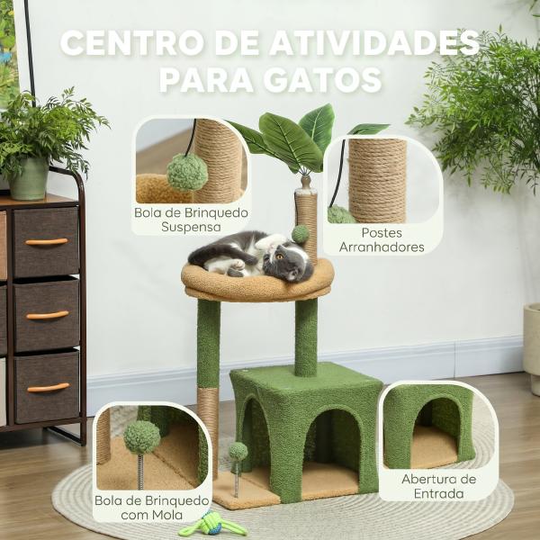 Árvore Arranhadora para Gatos 98 cm com Folhas Artificiais, Toca, Cama, Postes em Juta e 2 Bolas, Verde