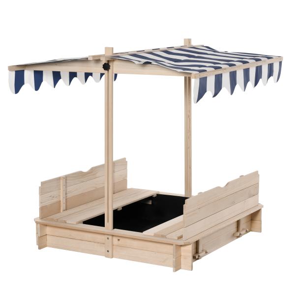Caixa de Areia de Madeira para Crianças acima de 3 Anos com Banco e Toldo Ajustável Carga 50 kg 106x106x121 cm Madeira