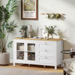 Aparador para Sala de Estar com 2 Portas de Vidro 3 Gavetas e Prateleira Ajustável para Cozinha Sala de Jantar 120x40x70 cm Branco e Madeira