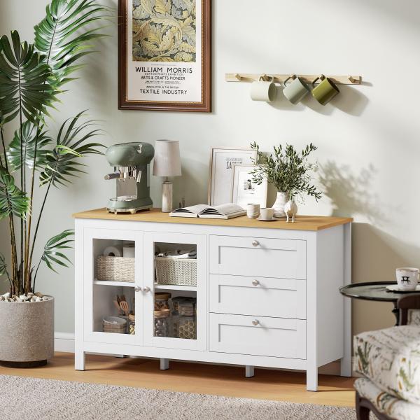 Aparador para Sala de Estar com 2 Portas de Vidro 3 Gavetas e Prateleira Ajustável para Cozinha Sala de Jantar 120x40x70 cm Branco e Madeira