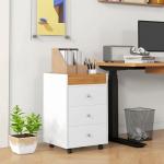 Bloco de Gavetas para Escritório com 4 Rodas 3 Gavetas e 1 Bandeja Amovível Carga 30 kg 43x40x66,5 cm Branco e Natural