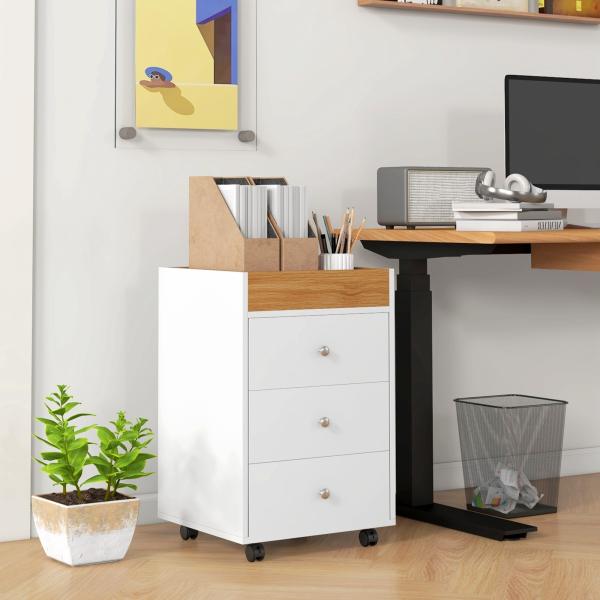 Bloco de Gavetas para Escritório com 4 Rodas 3 Gavetas e 1 Bandeja Amovível Carga 30 kg 43x40x66,5 cm Branco e Natural