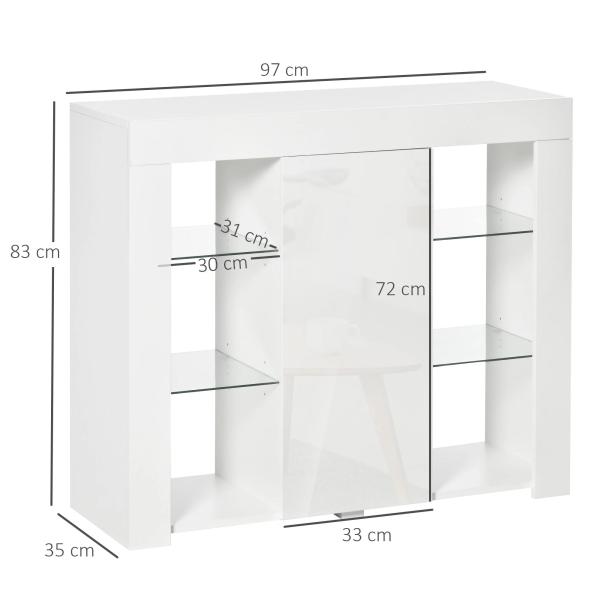 Aparador Moderno com Luzes LED Móvel Buffet com 1 Porta com Fechamento a Pressão e Prateleiras Ajustáveis Controle Remoto 97x35x83cm Branco