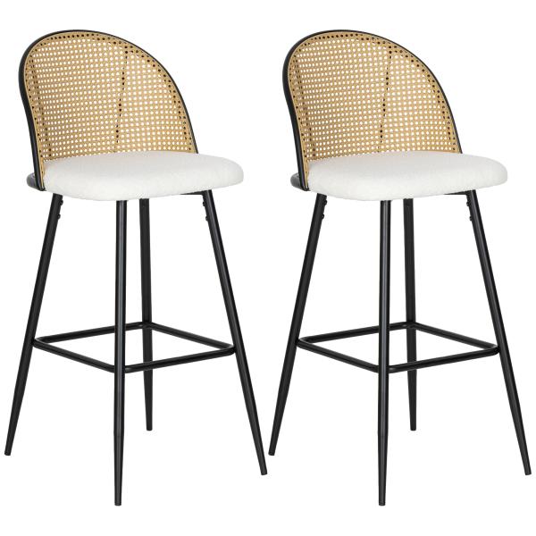 Conjunto de 2 Bancos de Bar Bancos Altos de Cozinha com Encosto de Vime Assento Estofado em Borrego 48x54x102 cm Creme