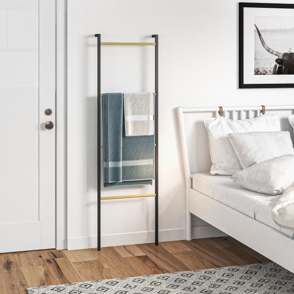 Toalheiro de 4 Níveis Toalheiro Casa de Banho com 4 Barras de Bambu e Estrutura de Aço 49x5,5x167,5 cm Preto e Madeira