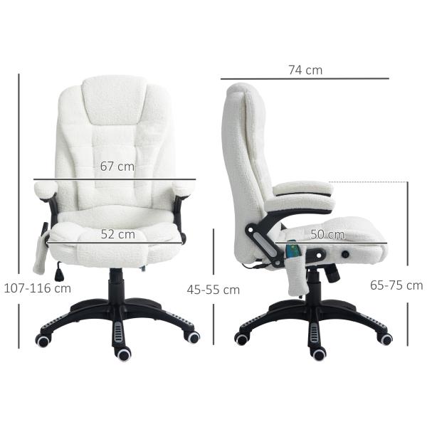 Cadeira de Massagem com 6 Pontos Reclinável até 130° com Função de Aquecimento Tecido em Borrego 67x74x107 - 116 cm Branco
