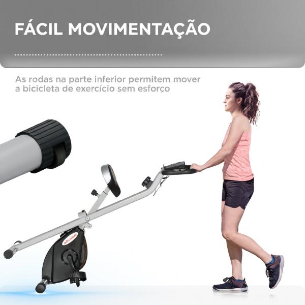 Bicicleta Estática Dobrável Silenciosa com 8 Níveis de Resistência, Monitor LCD, Assento Ajustável e Rodas, Cinzento