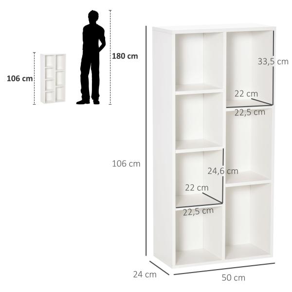 Estante para Livros Estante de Madeira com 7 Compartimentos de Armazenamento Plantas Arquivos para Sala de Estar Dormitório Escritório 50x24x106cm Branco