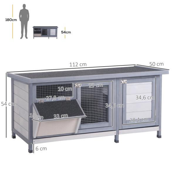 Coelheira de Madeira Gaiola para Coelhos com Telhado Asfáltico Rebatível Portas com Fecho Bandejas Removíveis 112x50x54 cm Cinzento
