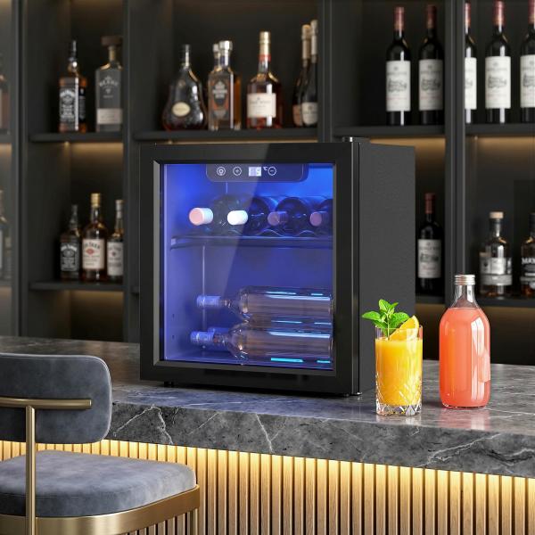 Vinoteca 12 Garrafas, Frigorífico para Vinhos 36 L com Temperatura Ajustável 4 - 16 ℃ Porta de Vidro Duplo Luz LED, Preto