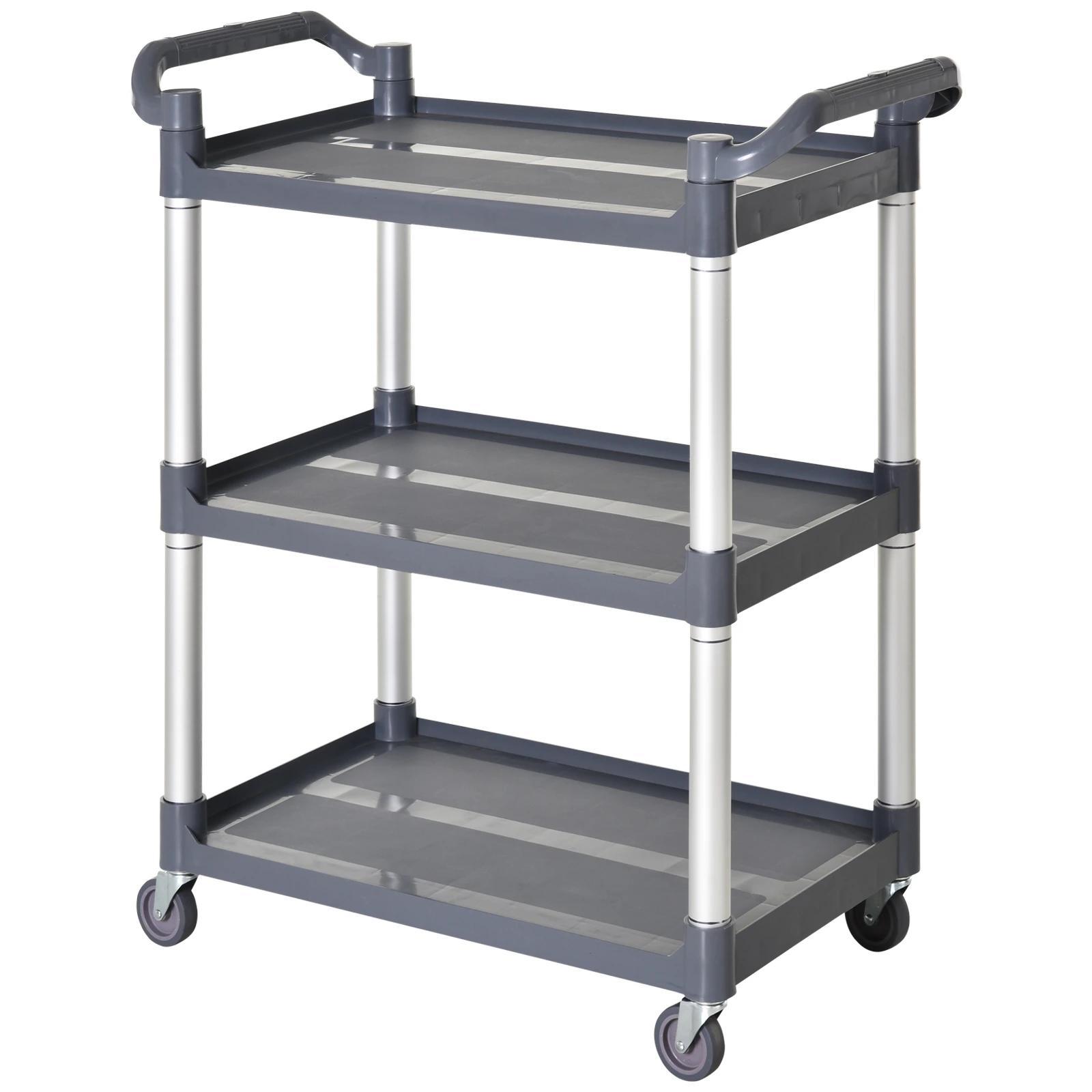 Carrinho Auxiliar com Rodas e 3 Prateleiras Carrinho de Cozinha com Armazenamento Carga 105 kg 88x44x93 cm Cinza