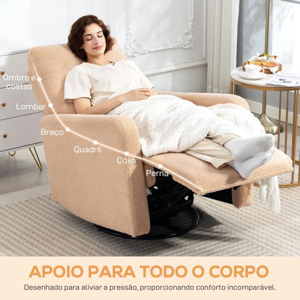 Poltrona Relax Reclinável Manual Poltrona Relax de Borreguito com Função de Baloiço 360° Reclinável até 135º 76x94x100 cm Marrom Claro