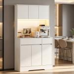 Armário de Cozinha com Luz LED RGB, Bancada para Micro - ondas, 6 Portas, 2 Gavetas, Prateleiras Ajustáveis e Comando à Distância, Branco