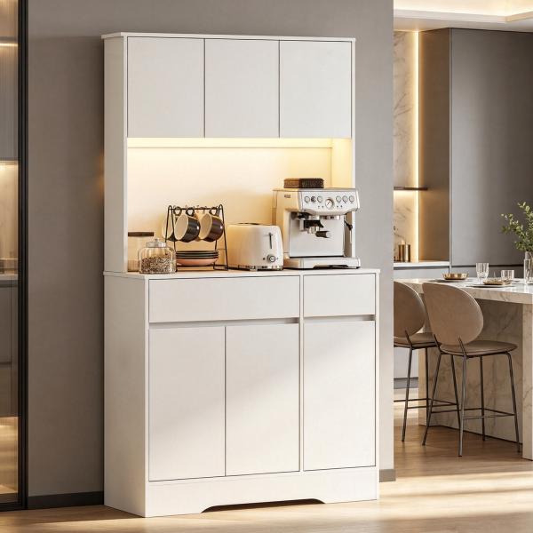 Armário de Cozinha com Luz LED RGB, Bancada para Micro - ondas, 6 Portas, 2 Gavetas, Prateleiras Ajustáveis e Comando à Distância, Branco