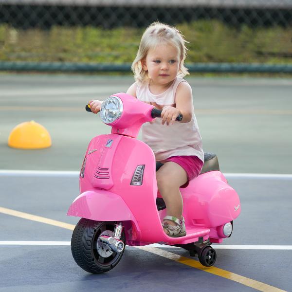Mota Elétrica Infantil Vespa 6V com Farol, Buzina e Rodas Auxiliares para Crianças de 18 - 36 Meses Rosa 66,5x38x52 cm