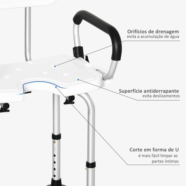 Cadeira para Duche Antiderrapante com Altura Ajustável de 6 Níveis e Apoio para os Braços Regulável 54x52x70 - 82cm Branco