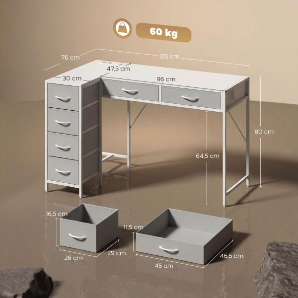 Secretária de Canto Reversível com 6 Gavetas 126x48 cm com Tomada de Energia Porta USB e USB - C Branco