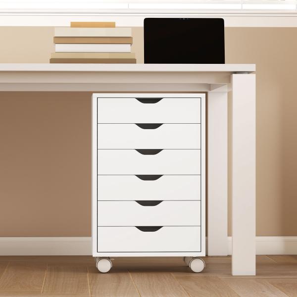 Bloco de Gavetas Móvel Arquivador com 6 Gavetas Suporte para Impressora com Rodas 40x35x63 cm Branco