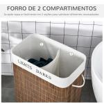 Cesto de Roupa de Bambú Capacidade de 100L Cesta para Roupa Suja Retangular com Tampa Removível Bolsa com 2 Compartimentos 52x32x63cm Marrom