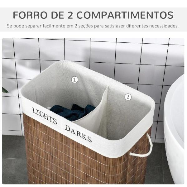 Cesto de Roupa de Bambú Capacidade de 100L Cesta para Roupa Suja Retangular com Tampa Removível Bolsa com 2 Compartimentos 52x32x63cm Marrom