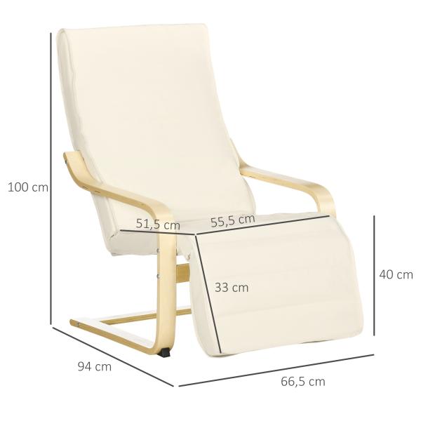 Poltrona Relax com Apoio para os Pés Ajustável Estofada em Tecido com Estrutura de Madeira 66,5x94x100 cm Creme